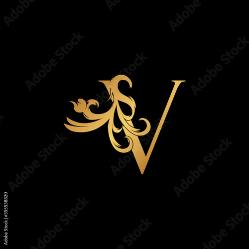 Elegant Luxury Letter V golden logo vector design, alphabet font in art decoration style.