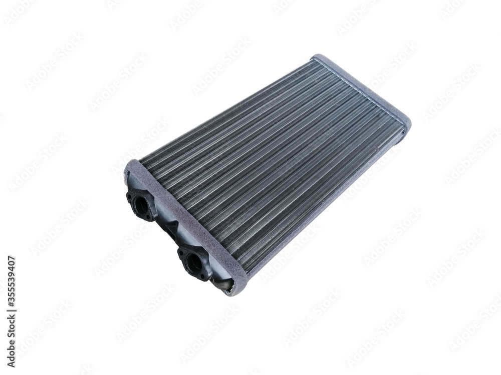 New car radiator heater isolated on white background. Spare parts. Engine water cooling radiators.