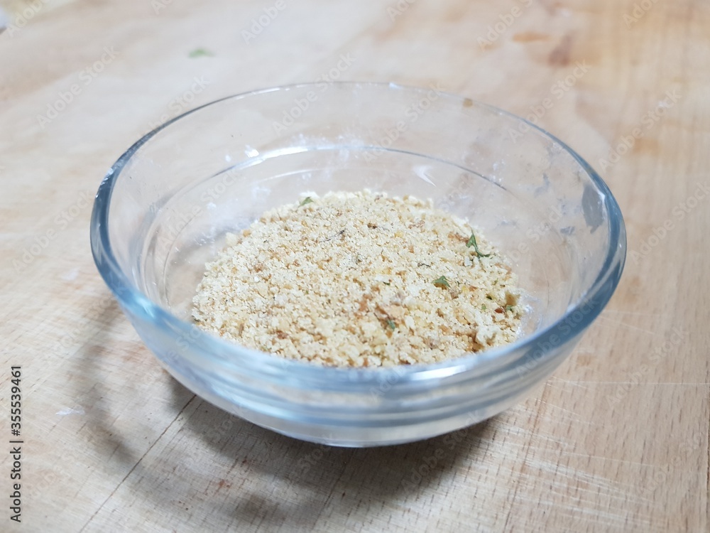 Selective focus on bread crumbs portion for cooking Selective focus on bread crumbs portion for cooking