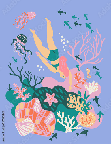 The hand-drawn vector illustration with a girl under the water, corals, seashells, jellyfish and seaweed. 