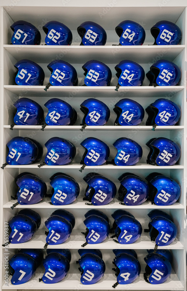 modern helmets on shelves, protection of the head from blows modern helmets on shelves, protection of the head from blows