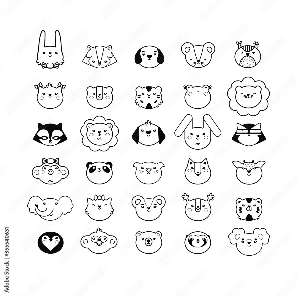 Set of 30 animals and birds faces silhouettes isolated on white for stickers, cards, labels and tags. Minimal style, cat, dog, mouse, rabbit, owl, koala, bear, raccon, tiger, frog, lion, monkey, pig, Set of 30 animals and birds faces silhouettes isolated on white for stickers, cards, labels and tags. Minimal style, cat, dog, mouse, rabbit, owl, koala, bear, raccon, tiger, frog, lion, monkey, pig,