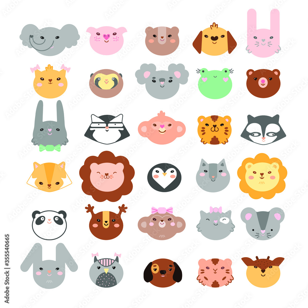Big color set of 30 animals and birds faces silhouettes isolated on white for stickers, cards, labels and tags. Minimal style, cat, dog, mouse, rabbit, owl, koala, bear, raccon, tiger, frog, lion, mon