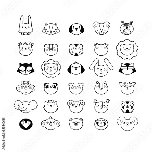 Set of 30 animals and birds faces silhouettes isolated on white for stickers, cards, labels and tags. Minimal style, cat, dog, mouse, rabbit, owl, koala, bear, raccon, tiger, frog, lion, monkey, pig, 