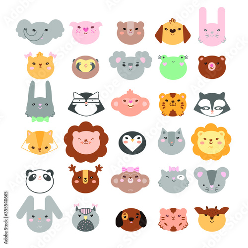 Fototapeta Naklejka Na Ścianę i Meble -  Big color set of 30 animals and birds faces silhouettes isolated on white for stickers, cards, labels and tags. Minimal style, cat, dog, mouse, rabbit, owl, koala, bear, raccon, tiger, frog, lion, mon