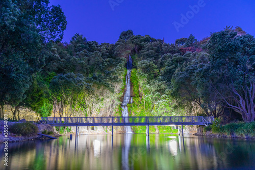 Night view of Centennial waterfall in Napier, New Zealand photo