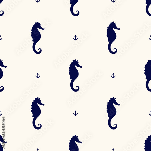 Vector seamless geometric pattern with silhouettes of sea horses and small anchors. Maritime backdrop. Retro nautical background for textile, texture, print,wrapping paper, scapbooking photo