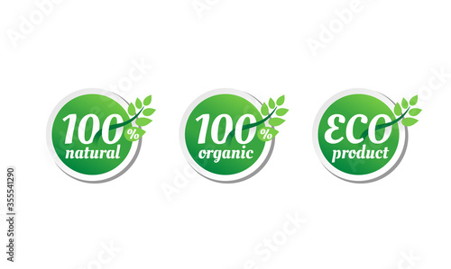 100 percants natural, 100 organic, 100 vegan - mark for healthy food, vegetarian nutrition - vector sticker set
