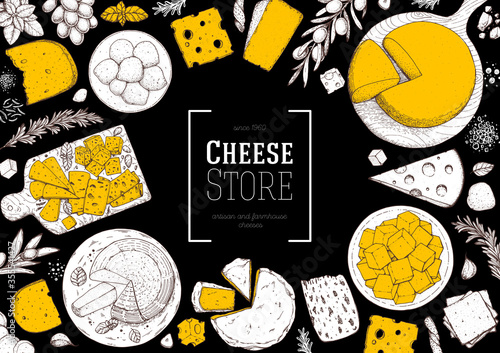 Cheese design template. Hand drawn sketch. Retro food background. Different cheese kinds banner. Dairy farm products cheese.
