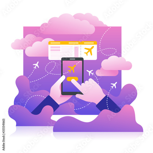 Airline booking office online service - hands holding smartphone with booking website interface and bying airplane ticket - with paper ticket and abstract cloudy sky on background - vector concept