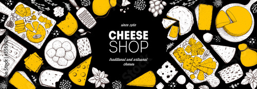Cheese design template. Hand drawn sketch. Retro food background. Different cheese kinds banner. Dairy farm products cheese.
