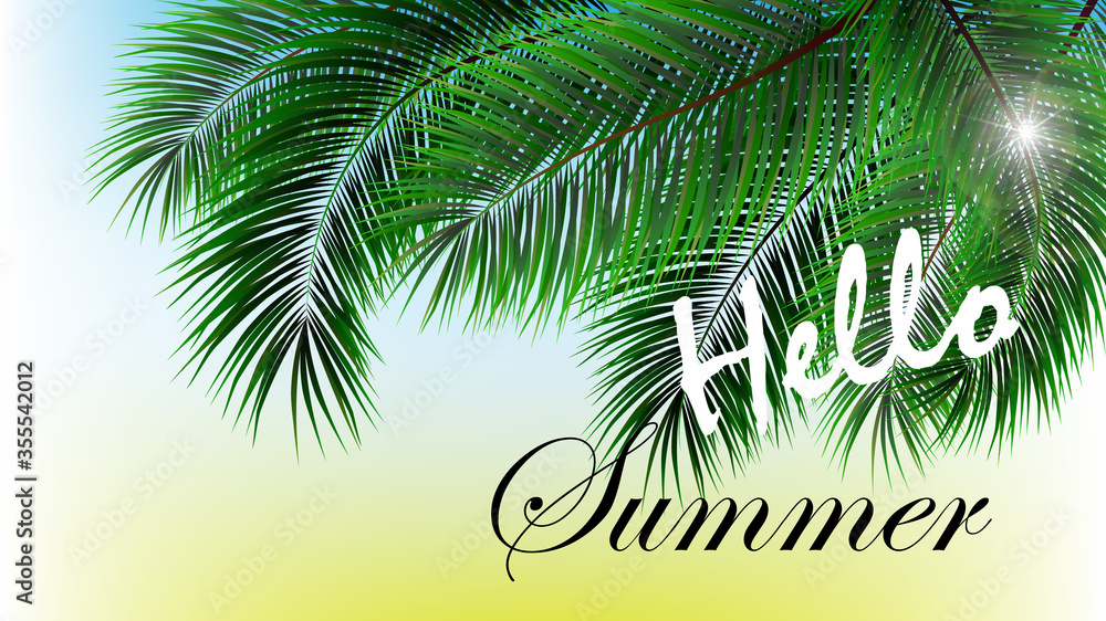 Hello Summer Beach Party Flyer. Vector Design leavs palm
