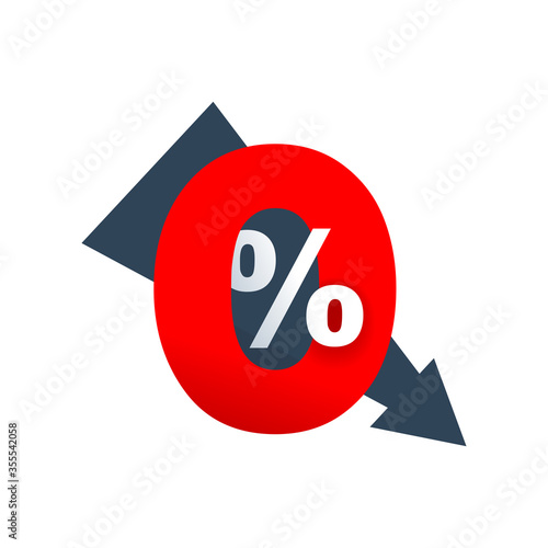 0 percent - zero percent sticker with arrow down -  credit without commission symbol
