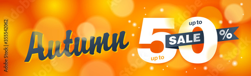 Autumn sale up to 50 off - creative vector banner (poster) on orange blurry background - special seasonal sales and offers promo wide flyer template