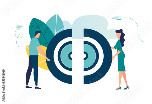 Vector illustration, the connection of the two halves of the target puzzle, teamwork, cooperation