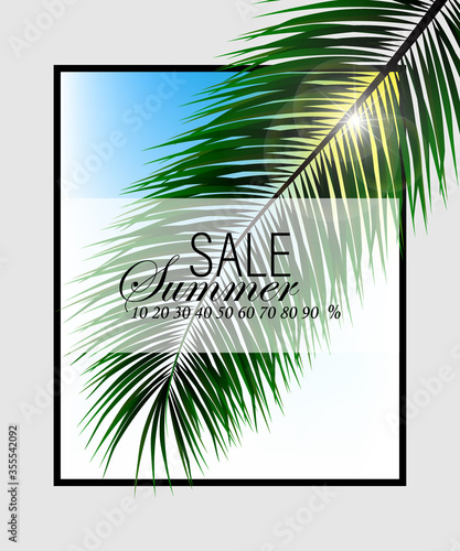 Summer sale background banner with green exotic palm leaves and tropical plants, summer sale concept. Vector illustration © Nikolas