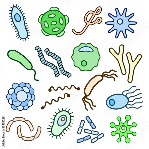 Bacteria, microbe, virus outline vector icon set. Microscopic bacterium or bacillus, isolated on white background