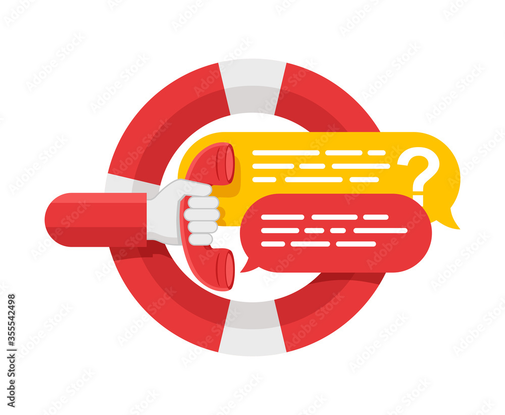 Online technical support service icon - lifebuoy, human hand with telephone headset and dialog bubbles with answer and question - conceptual modern flat isolated logo Online technical support service icon - lifebuoy, human hand with telephone headset and dialog bubbles with answer and question - conceptual modern flat isolated logo