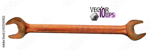 Realistic rusty hand wrench or spanner isolated on white background. Photo-realistic chrome metal tool. Vector illustration