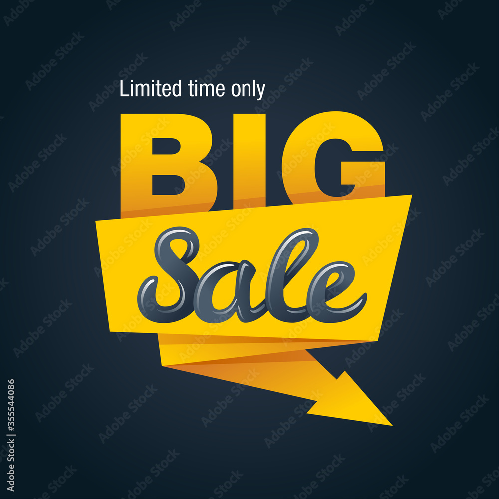 Big sale promotion banner or poster - yellow ribbon on black background - promo badge for marketing retail Big sale promotion banner or poster - yellow ribbon on black background - promo badge for marketing retail