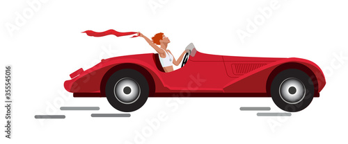 A girl driving a red sports car goes on a trip. Vector flat illustration