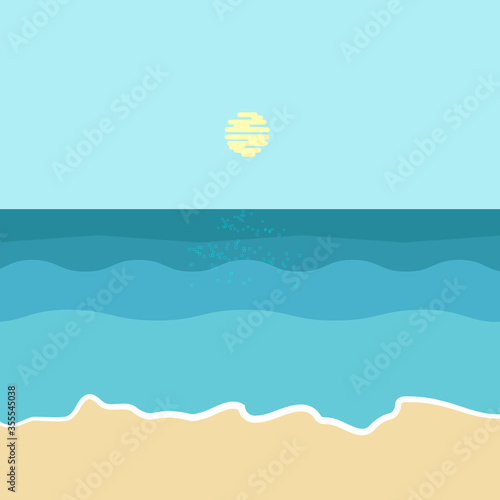 Abstract blue sea and beach summer background with waves and seacoast for banner, invitation, poster or website design. Vector flat illustration