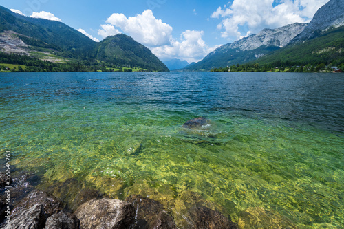 Stunning view of the Grundlsee lake, Ausseer Land region, Styria, Austria and the surrounding mountains - seen from the village Gößl (Gössl)