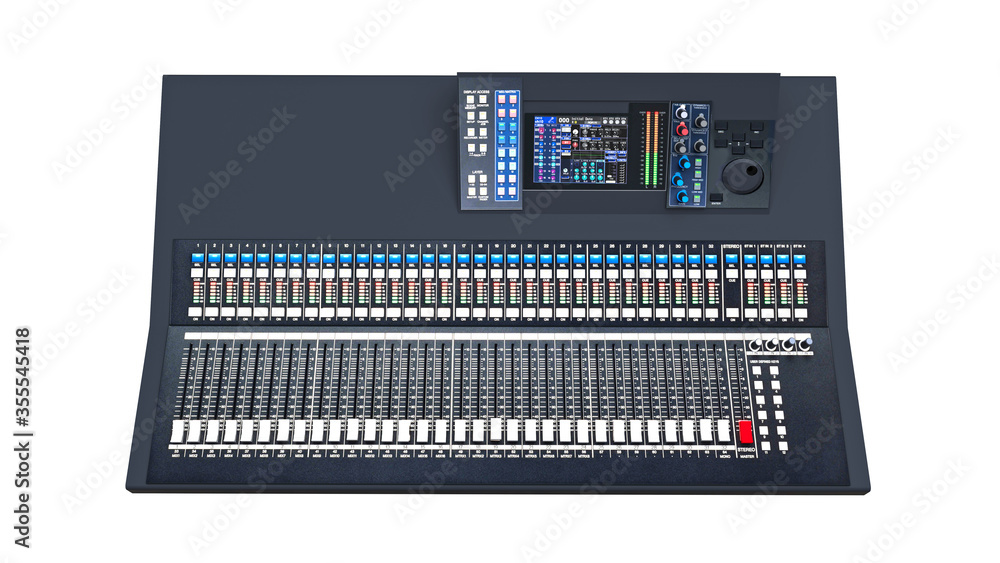 Medium-sized grey mixing console for Studio work and live performances on a white background. 3d rendering. Medium-sized grey mixing console for Studio work and live performances on a white background. 3d rendering.