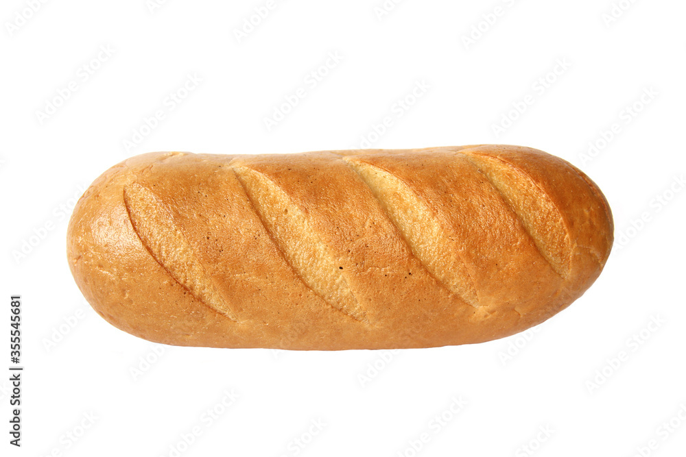 Long loaf on a white background. White yeast bread. Bakery products