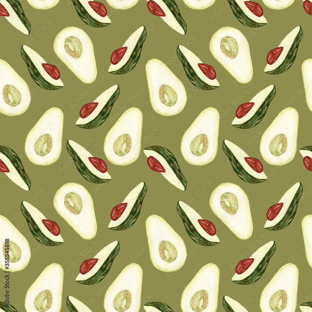 Avocado watercolor. Seamless patternon on a green background. Botanical illustrations watercolor. Tropical plant. Avocado watercolor. Seamless patternon on a green background. Botanical illustrations watercolor. Tropical plant.