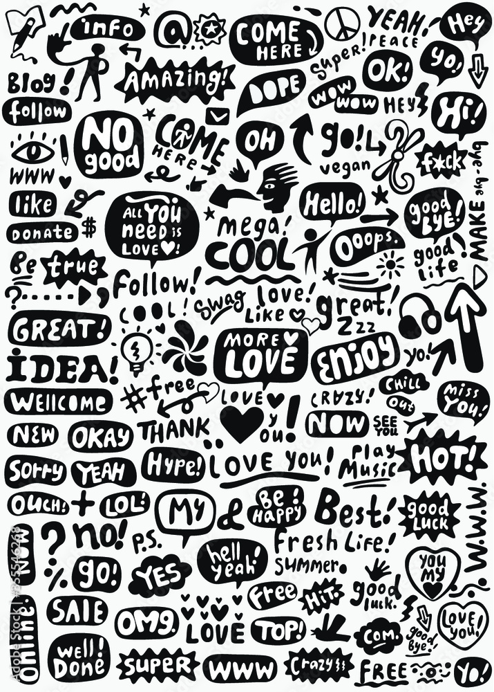 speech bubbles words doodle set