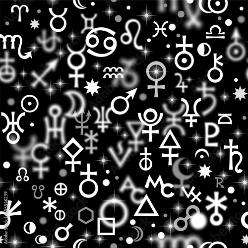 Astrological hieroglyphic signs, Mystic kabbalistic symbols. Chaotic seamless pattern.