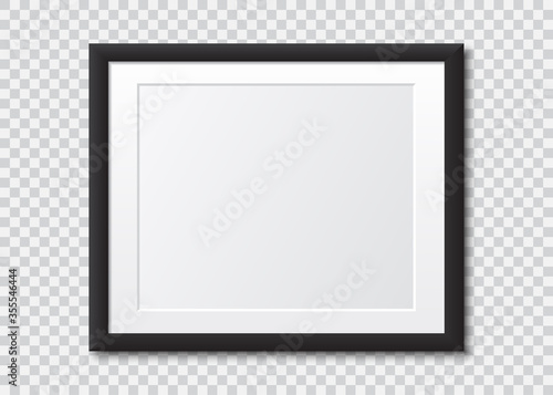 Realistic black blank picture frame with shadow. Photo frame mock up on a transparent background