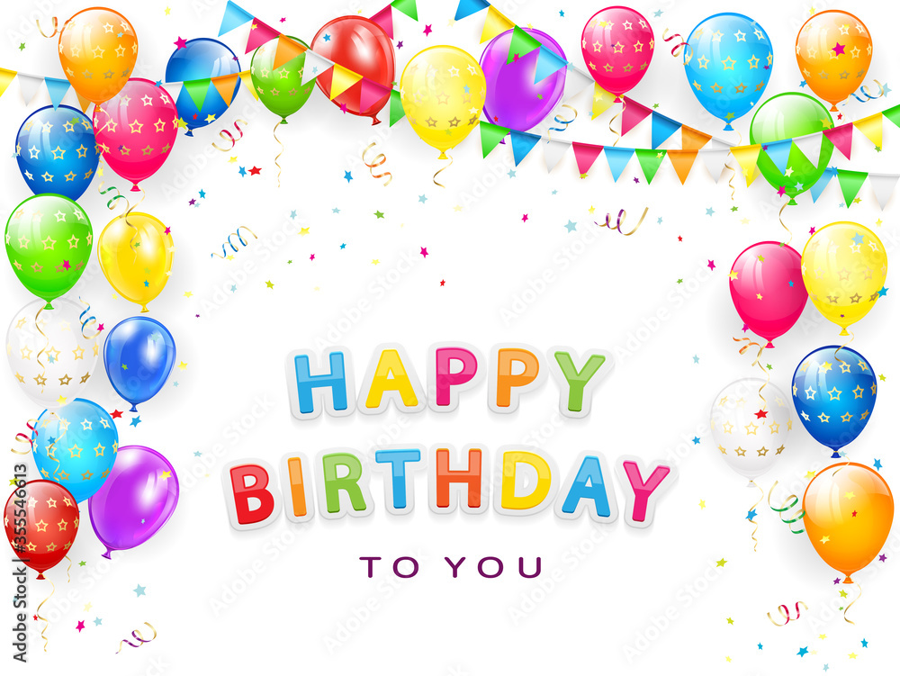 Birthday Border with Balloons and Confetti on White Background Birthday Border with Balloons and Confetti on White Background