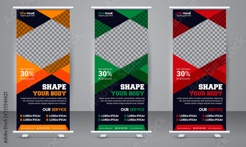 Fitness Gym Roll Up Stand Banner Design Template. Standee Design Template, Banner Template, Brochure Flyer, Vector illustration, Annual Report, Magazine, Poster, Flag Banner Design.