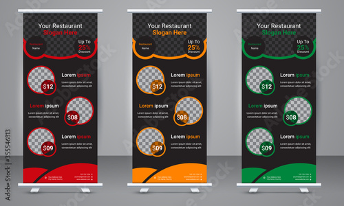 Restaurant business Roll up banner template design with three color variation. Standee Design, Brochure Flyer, Vector illustration, Annual Report, Magazine, Poster, Flag Banner Design.