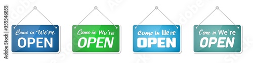 Set of come in we're open door sign on a transparent background
