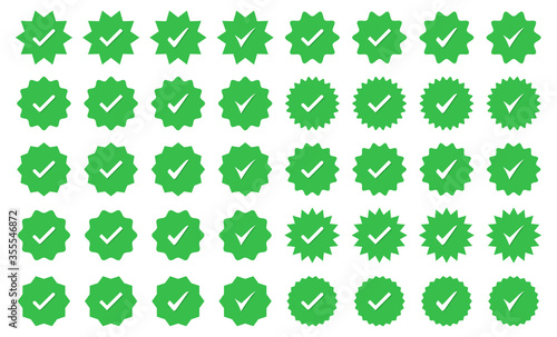 Set of green check mark badge icons in a flat design