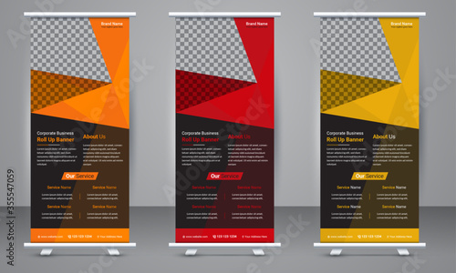 Corporate business Roll up banner template design with three color variation. Standee Design, Presentation and Brochure Flyer, Vector illustration, Annual Report, Magazine, Poster, Flag Banner Design.