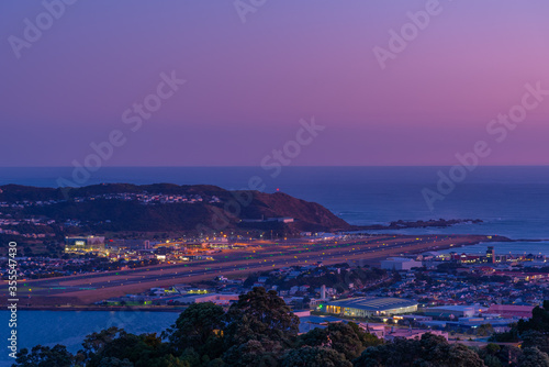 Sunset aerial view of Wellington International airport in New Zealand photo