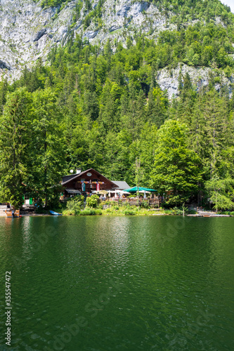 Scenic view of the restaurant  Fischerh  tte  at the lakeshore of the legendary Lake Toplitz  Ausseer Land region  Styria  Austria