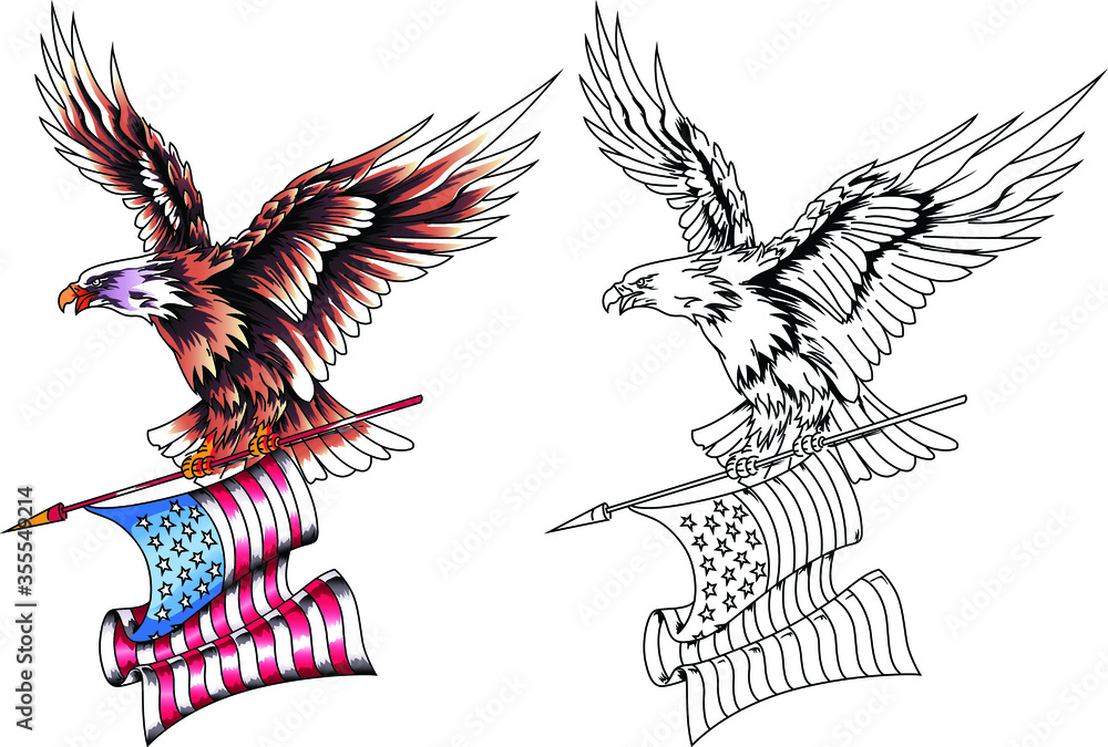 American eagle in flight with the USA flag in its claws. Vector