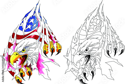 American eagle with usa flag in claws. Vector illustration  in tatto style.