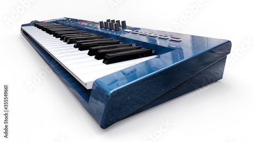 Blue synthesizer MIDI keyboard on white background. Synth keys close-up. 3d rendering.