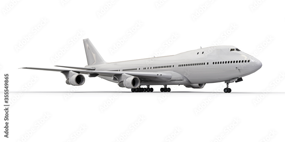 Large passenger aircraft of large capacity for long transatlantic flights. White airplane on white isolated background. 3d illustration.