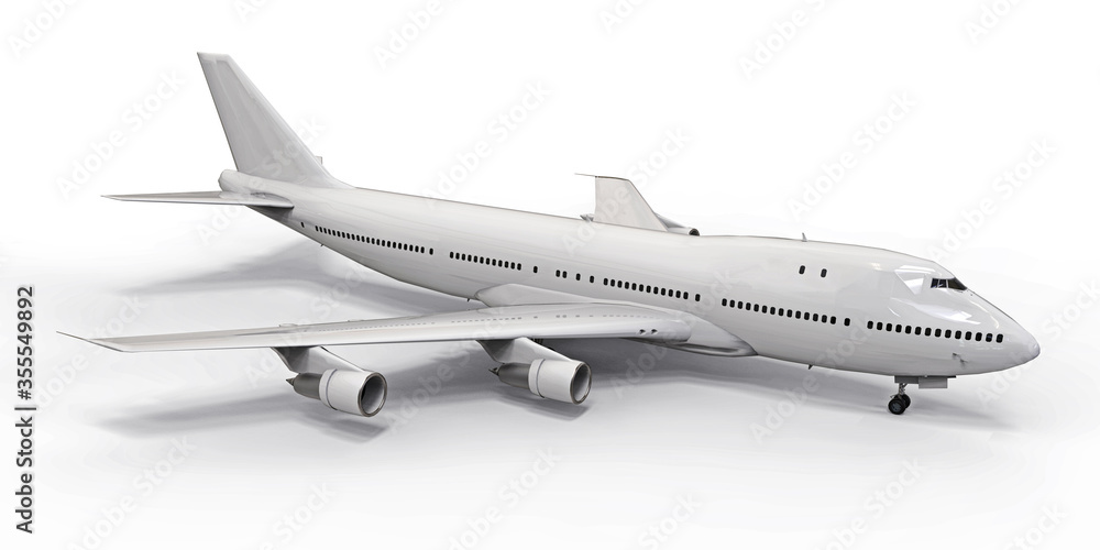 Large passenger aircraft of large capacity for long transatlantic flights. White airplane on white isolated background. 3d illustration. Large passenger aircraft of large capacity for long transatlantic flights. White airplane on white isolated background. 3d illustration.