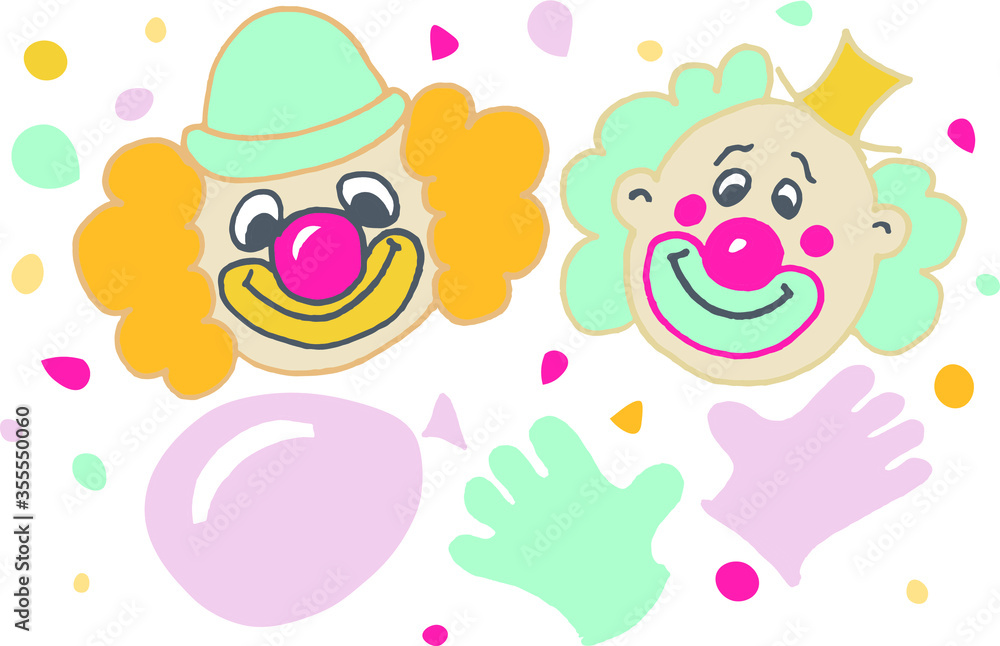 two funny clowns in hats, with gloves and a balloon