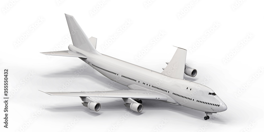 Large passenger aircraft of large capacity for long transatlantic flights. White airplane on white isolated background. 3d illustration. Large passenger aircraft of large capacity for long transatlantic flights. White airplane on white isolated background. 3d illustration.