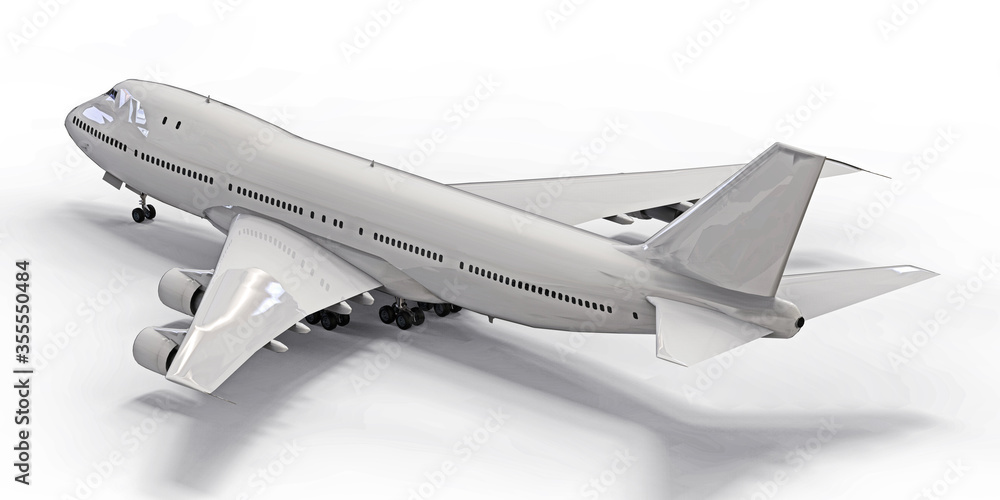 Obraz premium Large passenger aircraft of large capacity for long transatlantic flights. White airplane on white isolated background. 3d illustration.