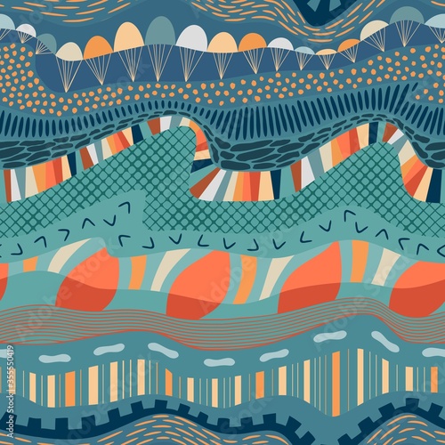 Abstract artistic composition geological layers concept with flowing lines, hills, rocks, land surface, water like curly waves, parachutes in a sky, various random fill geometric elements and shapes. 